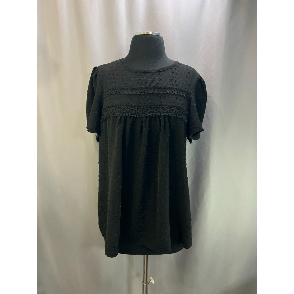 Falechay Babydoll Blouse Women Large Black Swiss Dot Lace Detail Keyhole Classic